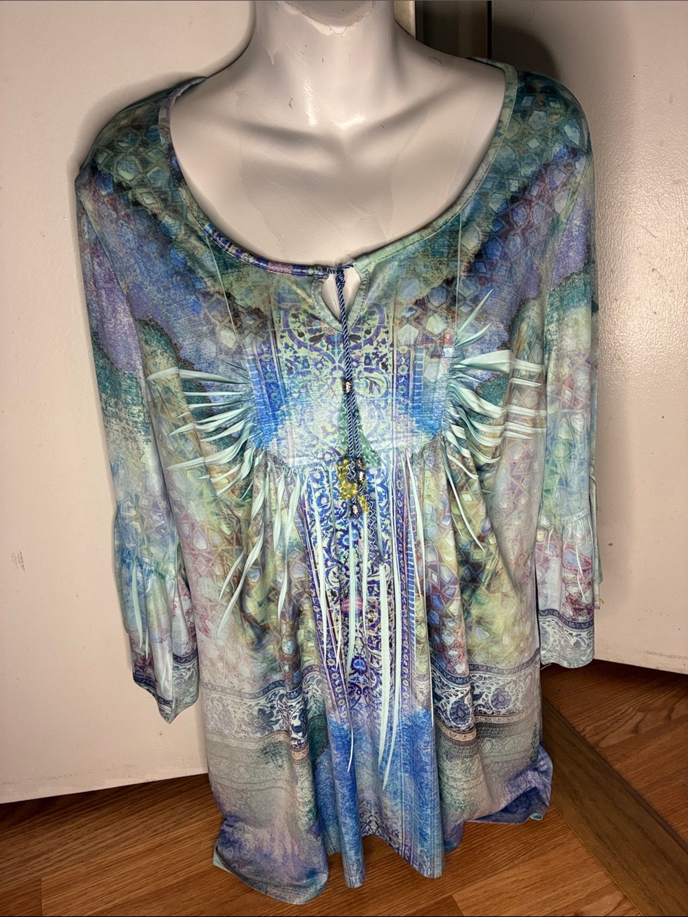 Beautiful Boho Lace-Up Tunic Top in Teal & Blue , Size XL , Pleats on Bust